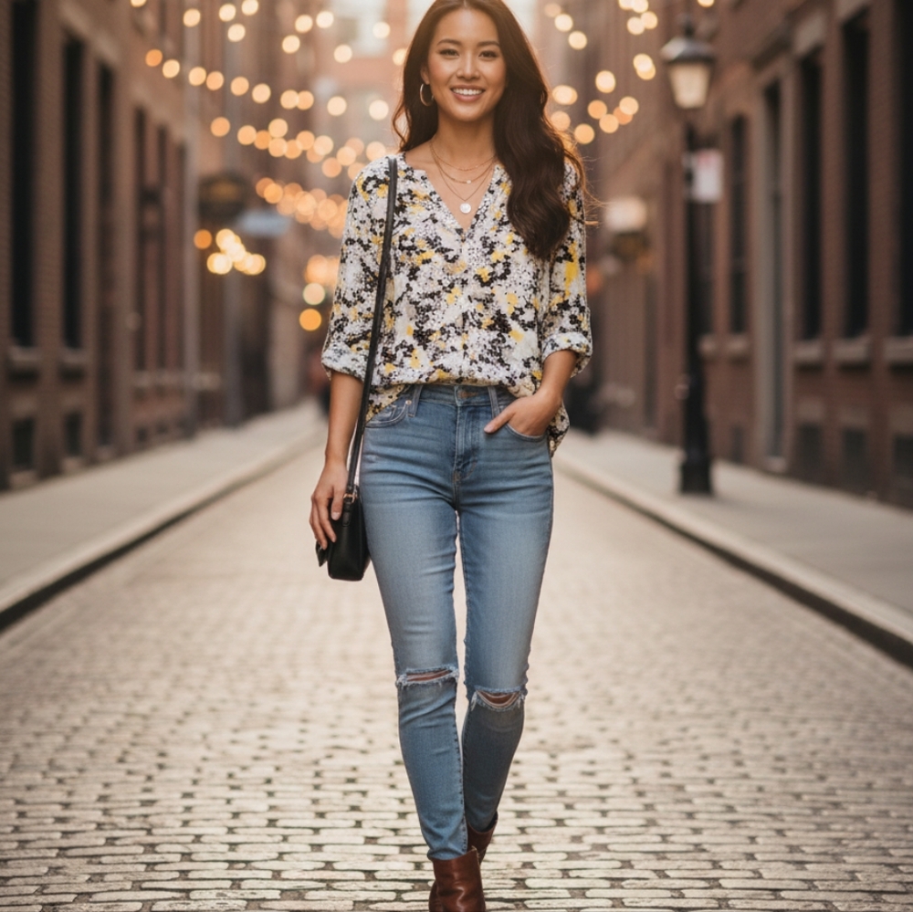 New York and Company Yellow, Black, and White Button Down Blouse